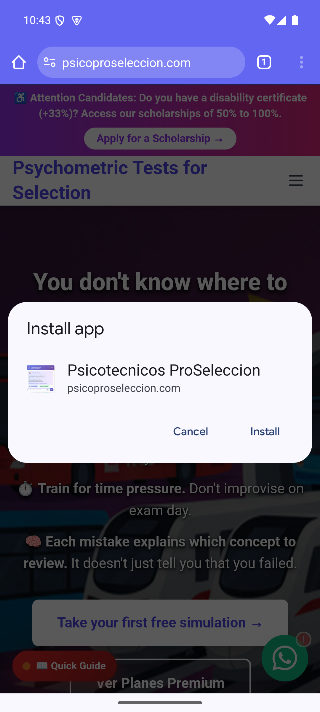 Diálogo de instalación de Chrome con nombre Psicotecnicos ProSeleccion y botones Cancelar/Instalar