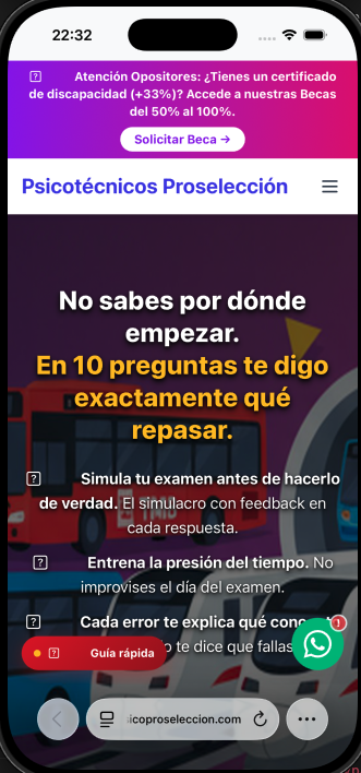 Safari en iPhone mostrando psicoproseleccion.com cargada