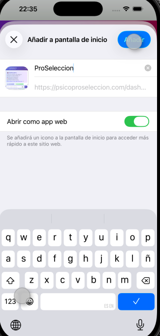 Pantalla de confirmación con nombre ProSeleccion y botón Añadir arriba a la derecha