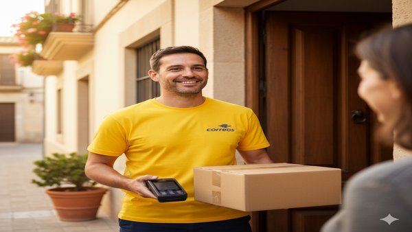 Cartero de Correos entregando paquete