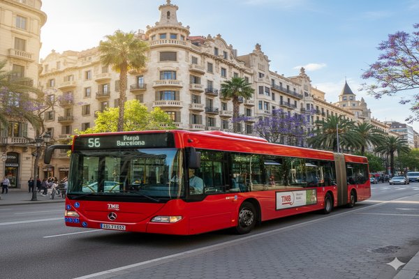 Autobús TMB Barcelona rojo circulando por la ciudad
